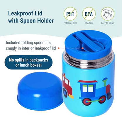 Wildkin Kids 10 oz Insulated Food Jar, Trains, Planes & Trucks | Wide-mouth 10 oz jar keeps food hot up to 5 hrs and cold up to 7 hrs · includes two folding spoons · stainless steel interior - color: Trains, Planes & Trucks