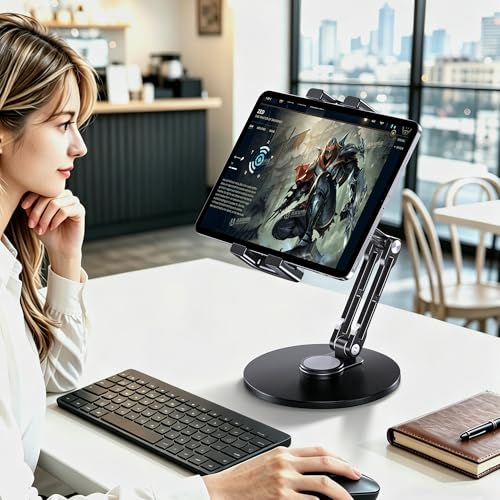 CreaDream iPad Stand for Desk, Portable Monitor Stand with Large Clamp up to 18.5", Tablet Stand Arm Holder with Heavy Duty 360 Rotating Base for 4.7"-13" Tablets, iPad Pro/Air/Mini, Monitors