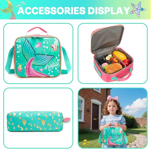 Meetbelify Mermaid Rolling Backpack with Wheels for Girls Rolling Backpacks with Lunch Box for Elementary School Students 16inch Kids Travel Luggage Suitcase for Girls Age 8-10 - color: Girl Pink Mermaid