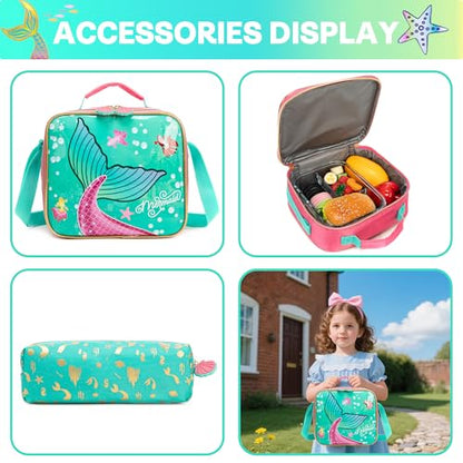 Meetbelify Mermaid Rolling Backpack with Wheels for Girls Rolling Backpacks with Lunch Box for Elementary School Students 16inch Kids Travel Luggage Suitcase for Girls Age 8-10 - color: Girl Pink Mermaid