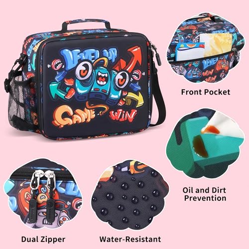 rockpapa Kids Lunch Box Set with 14oz Insulated Water Bottle & Lunch Bag, Leakproof 5.5 Cups Bento Box for School & Children, BPA-Free, Microwave Safe for Boys Girls (Black Games) - color: Black Games