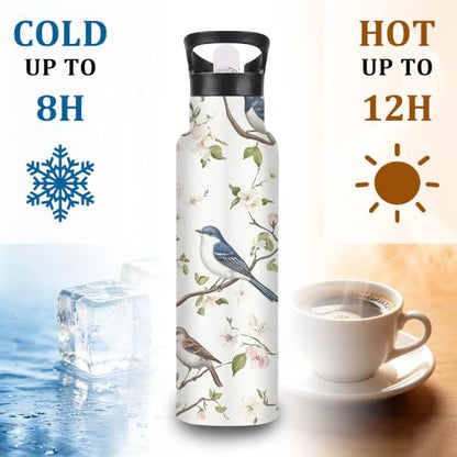 Bird Branch Insulated Water Bottle,Spring Blossom Stainless Steel Water Bottles 20 oz with Straw Lid,Leak Resistant Double Wall Insulated Flask with Handle for Travel Outdoor Gym - color: Bird Branch,Spring Blossom