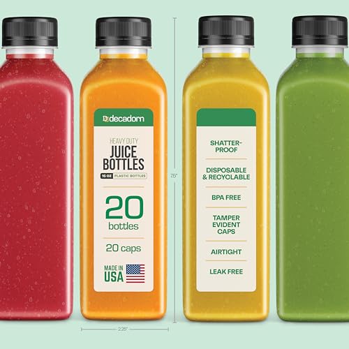 DECADORN 16 oz Juice Bottles with Caps, 20 Pack, Made in USA | BPA-Free Plastic Bottles, Tamper-Evident Lids, Leak-Resistant, Shatterproof, Disposable & Recyclable, for Juicing & Fridge - size: 16 oz 20 Pack