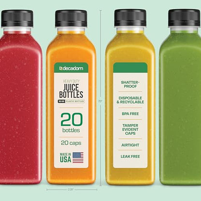 DECADORN 16 oz Juice Bottles with Caps, 20 Pack, Made in USA | BPA-Free Plastic Bottles, Tamper-Evident Lids, Leak-Resistant, Shatterproof, Disposable & Recyclable, for Juicing & Fridge - size: 16 oz 20 Pack