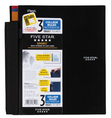 Five Star MEAD Notebook, 3-Subject, College Ruled, 150 Sheets, 8-1/2 x 11 Inches, Assorted (MEA08190)