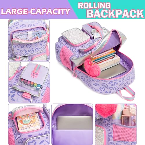 Meetbelify Girls Rolling Backpack with Wheels - Cute Kawaii Carry On Backpack for Elementary Students - Purple with Lunch Box - color: Love Purple
