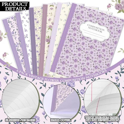 MotiMind 6 Pcs Purple Flower Composition Notebook College Ruled Back to School Wildflower Pretty Wide Ruled Composition Book 110 Page 7-1/2" x 9-3/4" Aesthetic Journal Gift for Teacher Class Office - style: Purple