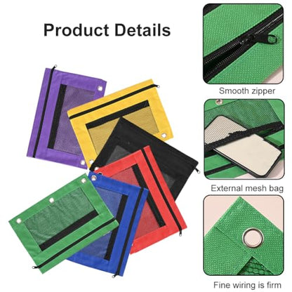 Kakalote Pencil Pouch for 3 Ring Binder, 6 pcs Binder Pencil Pouch, Zippered Double Pocket Pencil Pouch, with Clear Window and 3 Reinforced Grommets, 6 colors