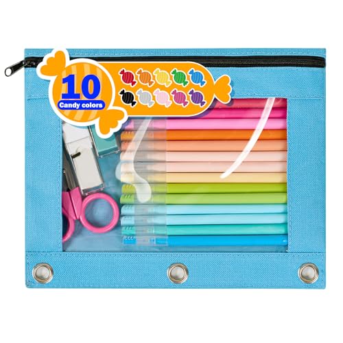 Forvencer Zippered Pencil Pouches, Premium Heavy-Duty Zippers, Aesthetic 3 Ring Pencil Case, Candy Colors, Cute Clear Top Binder Pouch, Colorful Zipper Pencil Bag for Girls Boys Adults, Baby Blue - color: Baby Blue, size: 1 Pack