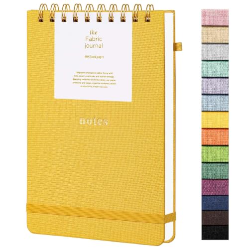 TSFPapier A5 Top Spiral Notebook, Fabric Hardcover College Ruled Journal | 100GSM Paper 160 Lined Pages, 5.7"x8.39" Steno Pads with Elastic Band & Pen Loop, for Work, School Note Taking (Yellow) - color: Yellow, size: A5-Steno Pads-160pages