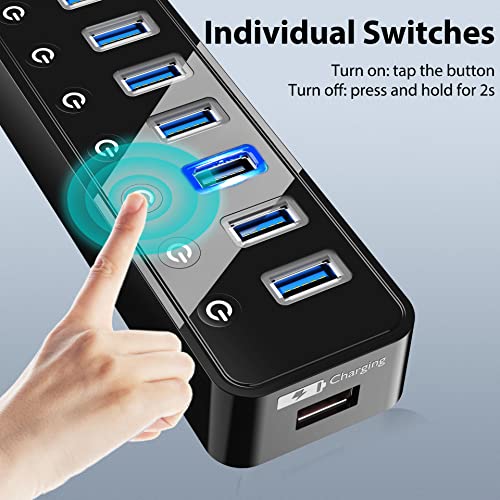 vantisan USB Hub 3.0 Powered, 7 Ports USB Data Hub Splitter with One Smart Charging Port and 5V/4A Powered Adapter and ON/Off Switches for MacBook, Mac Pro/Mini, iMac, Surface Pro Laptop/PC - color: black