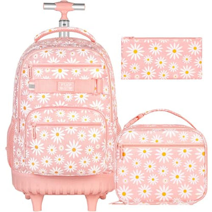 gxtvo Girls Rolling Backpack, Women Roller Bookbag with Lunch Box for Adults, Water Resistant Wheeled School Bag for College Teens Kids Travel - Pink Flower