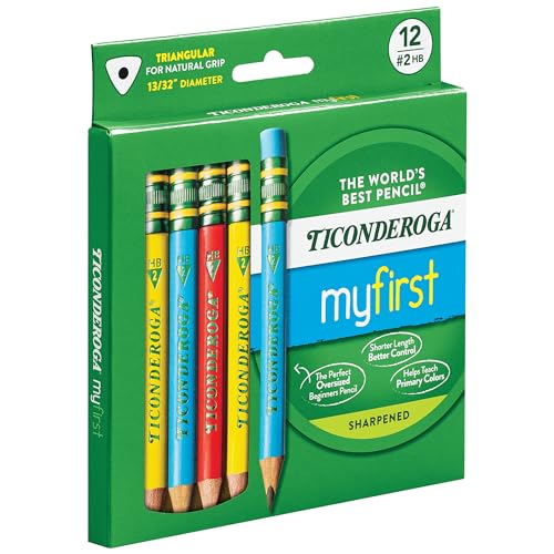 Ticonderoga My First Short Triangular Wood-Cased Pencils, #2 HB Soft, With Erasers, Primary Colors, 12 Count