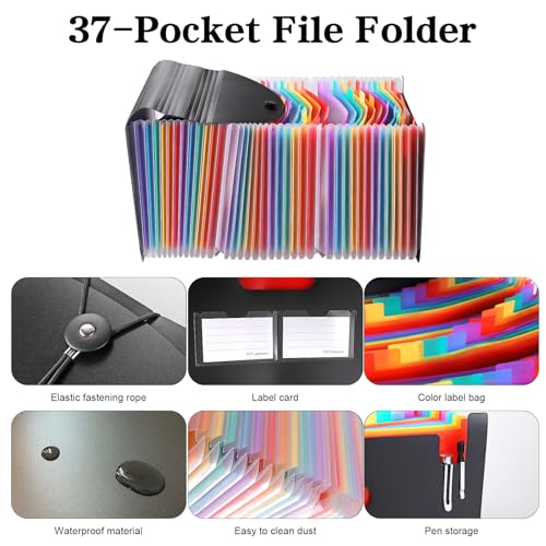 37-Pocket Expanding File Folder with Labels, A4/Letter Size Accordion Document Organizer, Portable Black Folder for Office, Travel, Business, School & Home
