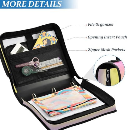 Pink Yellow Gradient Zipper Binder 3 Ring 1.5 Inch School Binder Organizer with Shoulder Strap Handle File Folder Pockets Large Capacity Students Girl Boy Men Office Work - color: Pink Yellow Gradient