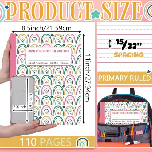 Gueevin 6 Pack Rainbow Primary Composition Notebook with Picture Space Bulk for Grades K-2 110 Page 8.5 X11'' Half Primary Journal K-2 Drawing Story for Back to School First Day of School - style: Rainbow
