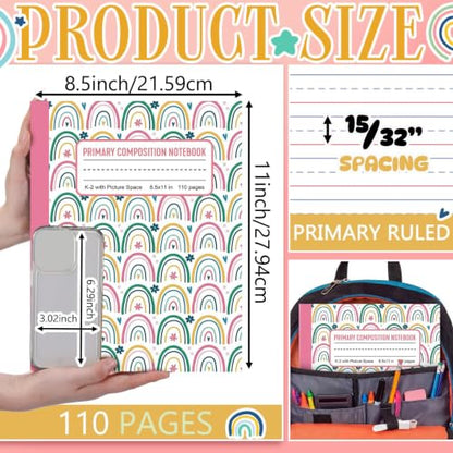 Gueevin 6 Pack Rainbow Primary Composition Notebook with Picture Space Bulk for Grades K-2 110 Page 8.5 X11'' Half Primary Journal K-2 Drawing Story for Back to School First Day of School - style: Rainbow