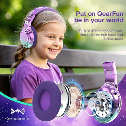 QearFun Kids Bluetooth Headphones, 60H Playtime, 74/85/94dB Safe Volume Limit, Metallic Gradient Wireless Headset with HD Mic, Fast Charging, Foldable, Wired 3.5mm Mode for School/Tablet/Travel - color: Purple