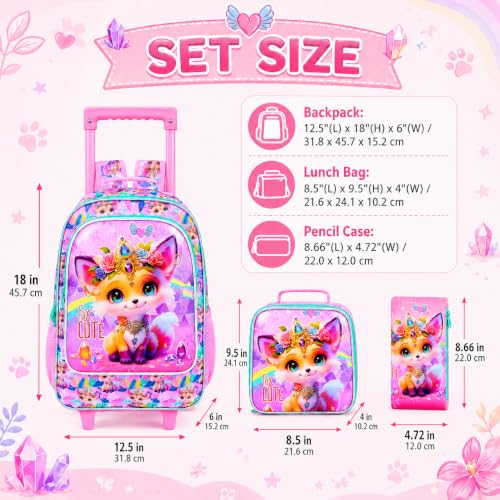 3Pcs Rolling Backpack for Girls, Fox Roller Bookbag with Lunch Box, Kids School Backpacks with Wheels for Elementary Preschool(Yellow) - color: Fox Yellow