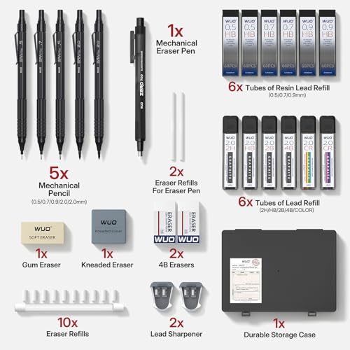 WUO Metal Mechanical Pencil Set, 5-Pack 0.5mm 0.7mm 0.9mm 2.0mm Drafting Pencils with 432 Lead Refills, Precision Eraser Pen, Erasers & Sharpeners for Drawing, Sketching, Writing - color: Black, size: 0.5/0.7/0.9/2.0
