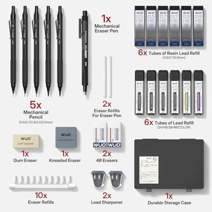 WUO Metal Mechanical Pencil Set, 5-Pack 0.5mm 0.7mm 0.9mm 2.0mm Drafting Pencils with 432 Lead Refills, Precision Eraser Pen, Erasers & Sharpeners for Drawing, Sketching, Writing - color: Black, size: 0.5/0.7/0.9/2.0