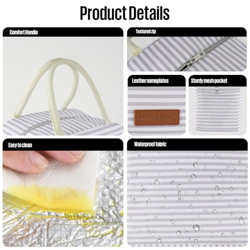 douyadady Lunch Bag Women/Men Lunch Box Women/Men (Grey+White Stripes) | Spacious Lightweight Waterproof Sturdy Durable Great Value For Office Work School Picnic Travel - color: Grey+White Stripes