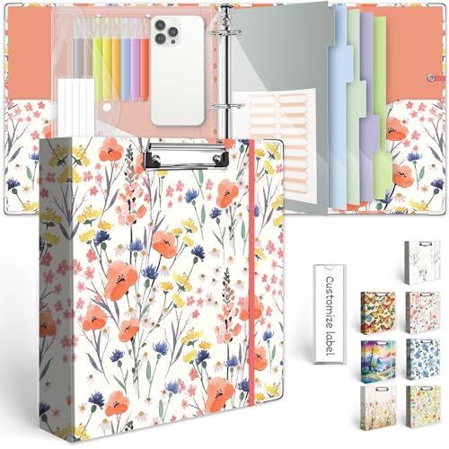 3 Ring Binder 2 Inch, Three Ring Binders Organizer with Clipboard, 5-Tabs Pockets Dividers, Plastic Folder, 18 Divider Stikers, KLLVE Cute Binder with Pen Loop (Flora, Letter Size) - color: Flora, size: 2in（Letter Size）