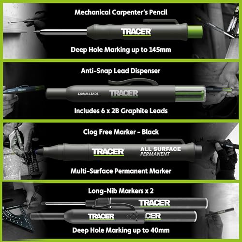 Tracer 5 Piece Construction Marker Kit - Deep Hole Carpenter Pencil Set with 2 Deep Hole Marking Pens, Heavy Duty Clog-Free Marker, 2.8mm Replacement Leads & Storage Case for Woodworking Tools - style: 5pc Set