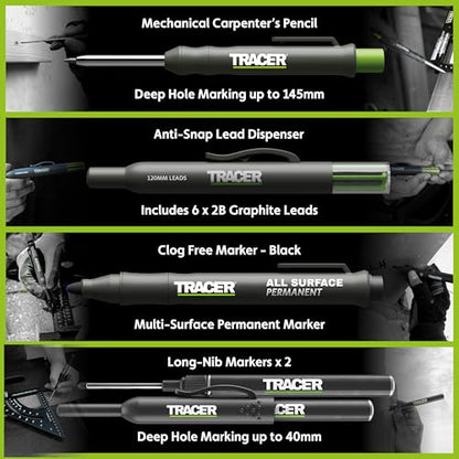 Tracer 5 Piece Construction Marker Kit - Deep Hole Carpenter Pencil Set with 2 Deep Hole Marking Pens, Heavy Duty Clog-Free Marker, 2.8mm Replacement Leads & Storage Case for Woodworking Tools - style: 5pc Set