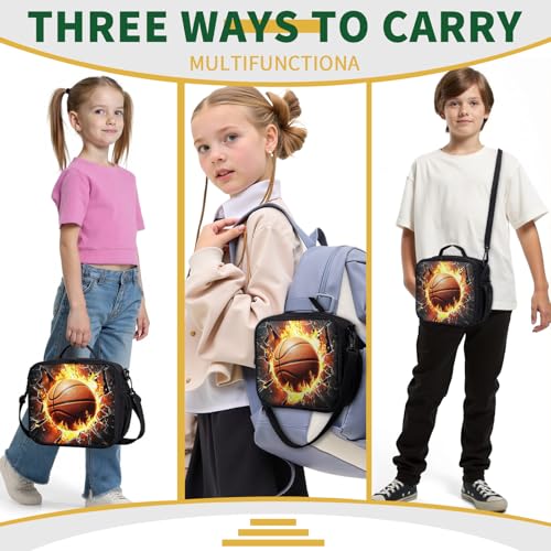 Fire Basketball Lunch Box for Boys Girls Black Lunch Bag with Shoulder Strap for Kids Teens Durable Large Capacity Insulated Lunchbox Thermal Meal Bag for School Picnic - color: A-S-basketball