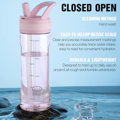 OLDLEY 20oz Kids Water Bottle with Straw, BPA-Free Tritan Water Bottle for School, Leakproof Clear Water Bottle with One Click Open, Measurement Scale, Cup Holder Friendly for Boys Girls,Pink - color: Pink