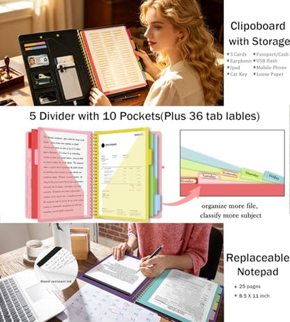 Foldable Spiral Clipboard Folio with Storage Zipper Pouch, 5 Plastic Folders with Pockets,Refillable Lined Notepad (8.5" x 11"), Hardcover Project Organizer with 36 Stickers，Weeds - color: Weeds