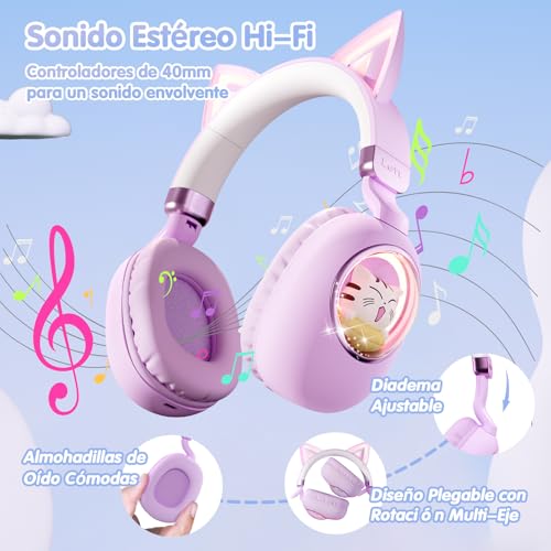 Kids Headphones Bluetooth 5.4 - Cat Ear LED Light Up Noise Cancelling Wireless Headphones with Mic, 85dB Volume Limited, Wired & Wireless Mode for Travel/School/iPad - color: Purple