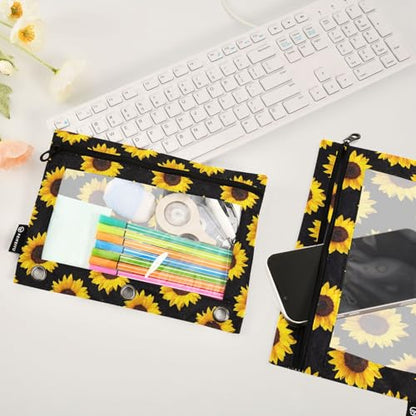 Sunflower Pencil Pouches for 3 Ring Binder, Zipper Binder Pencil Case, 2 Pack Clear Window Case Bag for Office Organizers - color: Sunflower