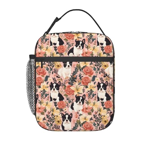Cute Dog Lunch Box for Kids,Puppy Insulated Bag for Student,Pet Lovers Reusable Thermal Insulation Cooler Tote Bags for School Work Picnic Camping Outdoor Gifts (Boston Terrier and Floral) - color: Boston Terrier and Floral