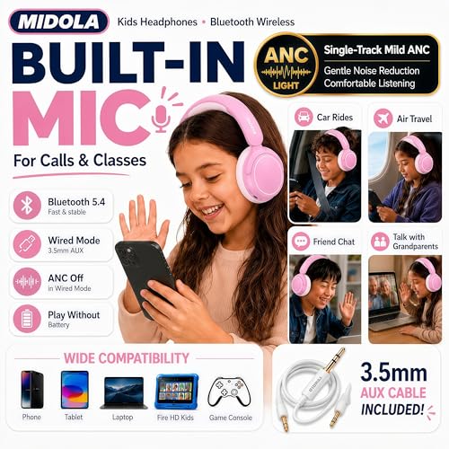 MIDOLA Active Noise Cancelling Kids Bluetooth Headphones,68H Play Time,Lightweight Wireless Foldable Over-Ear Headphone for Kid Toddler,Volume Limited 85/94dB,Headsets with Built-in Mic Pink - color: Pink