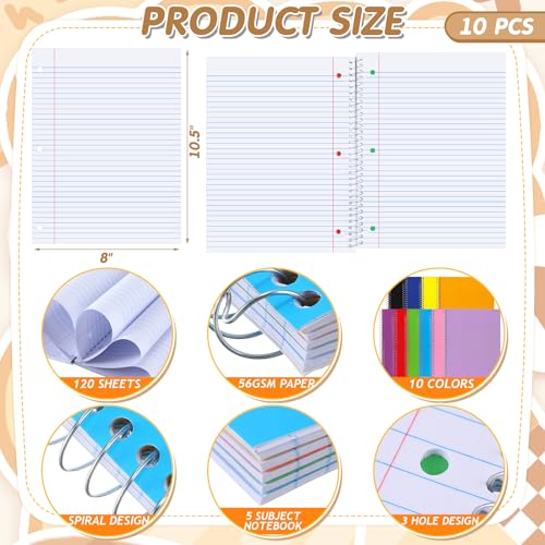 Fulmoon 10 Pcs 5 Subject Notebook Spiral Notebooks for School Office Hardcover Spiral Lined Notebook for Work, 240 Pages/ 120 Sheets, 8 x 10-1/2", 3 Hole Punched, 4 Removable Dividers (9/32 inch) - size: 9/ 32 inch