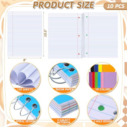 Fulmoon 10 Pcs 5 Subject Notebook Spiral Notebooks for School Office Hardcover Spiral Lined Notebook for Work, 240 Pages/ 120 Sheets, 8 x 10-1/2", 3 Hole Punched, 4 Removable Dividers (9/32 inch) - size: 9/ 32 inch