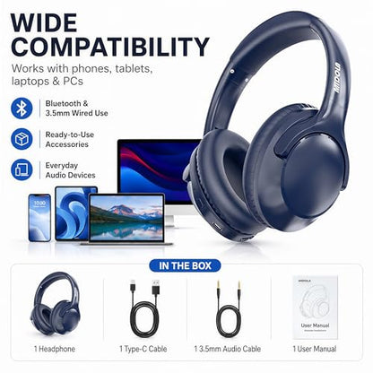MIDOLA Bluetooth Headphones Over Ear, 68H Playtime Wireless Headphones with Microphone, 6 EQ Modes, HiFi Stereo Deep Bass, Foldable Lightweight Headset for Home Office, Cellphone, PC, Blue - color: Blue