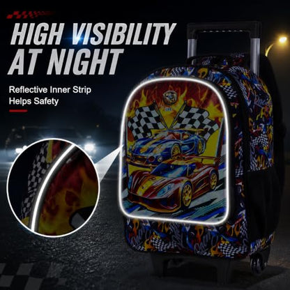 HPJGD 3PCS Car Rolling Bookbag for Boys, Kids School Backpack with Wheels, Water Resistant UV Printed Roller Wheeled Bookbag Set with Lunch Box - color: 3PCS Boys Rolling Backpack