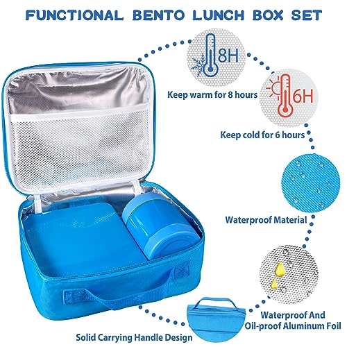 Bento Lunch Box Set for Kids with 10oz Soup Thermo, Leak-Proof Lunch Containers with 4 Compartment, Thermo Hot Food Jar and Insulated Lunch Bag for Kids to School,BPA-Free(Blue) - color: Blue