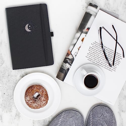 RICCO BELLO Lined Journal Notebook, Black Moon & Stars | Faux Leather Hardcover, With Pen Holder, 96 Sheets / 192 Pages, College Ruled, 5.7 x 8.4 Inches - color: Black Moon & Stars