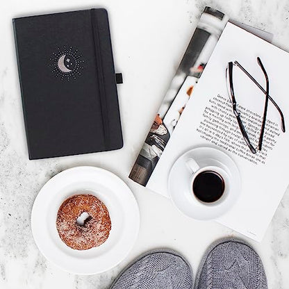 RICCO BELLO Lined Journal Notebook, Black Moon & Stars | Faux Leather Hardcover, With Pen Holder, 96 Sheets / 192 Pages, College Ruled, 5.7 x 8.4 Inches - color: Black Moon & Stars