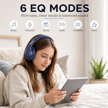 MIDOLA Bluetooth Headphones Over Ear, 68H Playtime Wireless Headphones with Microphone, 6 EQ Modes, HiFi Stereo Deep Bass, Foldable Lightweight Headset for Home Office, Cellphone, PC, Blue - color: Blue