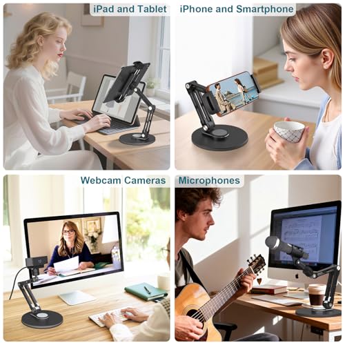 Adjustable iPad Stand,360 °Rotation iPad Heavy-Duty Base Mount ,Aluminum Alloy Foldable Tablet Holder for 4.7-17.3" iPhone /iPad Pro/Tablet/Portable Monitor, Mic Clip Screw Adapters for Microphones