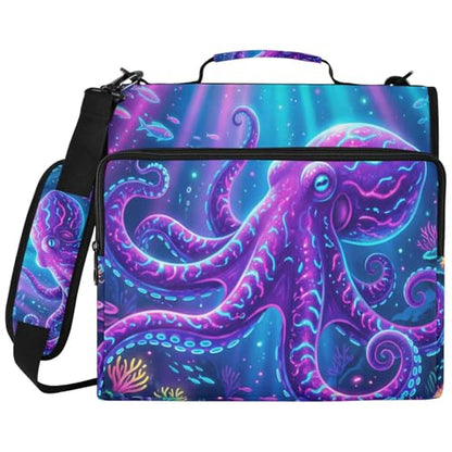 Octopus 2-inch 3 Ring Zipper Binder with Shoulder Strap Holds 14 Inch Laptop for Students and Office - color: Glowing Octopus