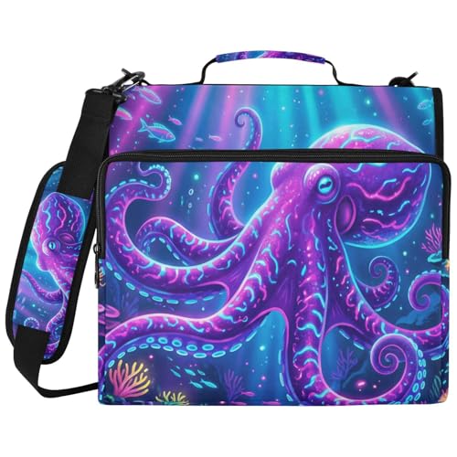 Octopus 2-inch 3 Ring Zipper Binder with Shoulder Strap Holds 14 Inch Laptop for Students and Office - color: Glowing Octopus