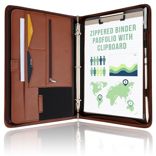 STYLIO Zipper Portfolio | Padfolio 3 Ring Binder (1") and Clipboard Folio (Removable) | Portfolio Organizer for Documents, Tablet, Phone |Faux Leather Binder for Men and Women | Tan (Brown) Color - color: Tan, style: Zipper Binder (3-Ring)