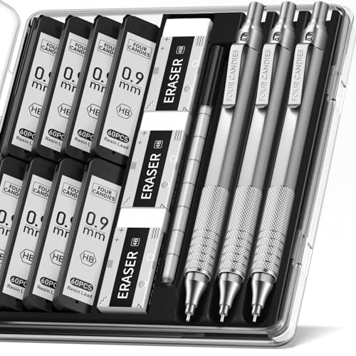 Four Candies 0.9mm Mechanical Pencil Set with Case, 3PCS Metal Artist Lead Pencil with 8 Tubes (480PCS) HB Lead Refills, 3 Erasers, 9 Eraser Refills For Engineer Art Writing Drafting, Silver - color: Silver, style: 0.9 MM