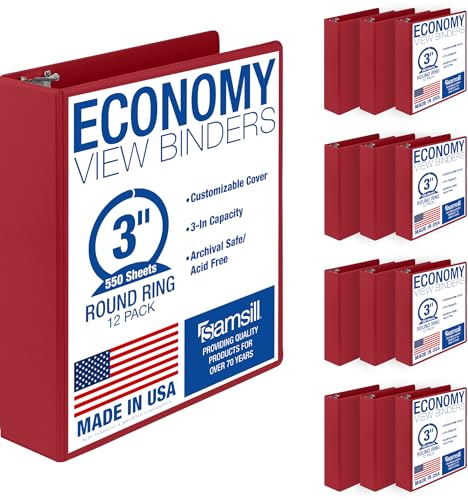 Samsill 3 Inch 3 Ring Binders, Economy Round Ring, Clear View Cover, 550 Sheet Capacity - for School, Home, Office - Red, 12 Pack - color: Red, size: 12-Pack, style: 3-Inch